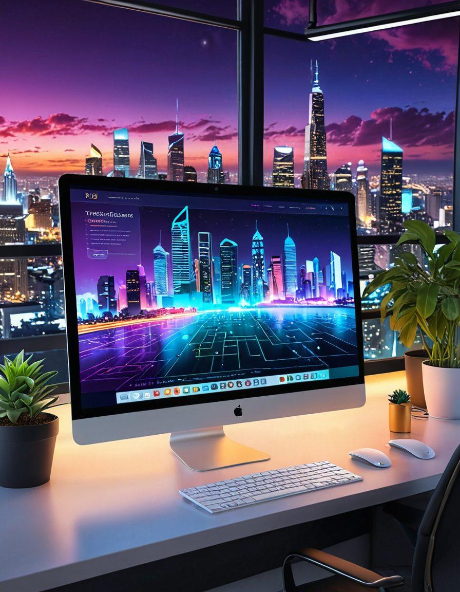 An elegant digital workspace featuring a sleek computer screen displaying a beautifully designed website. Surrounding the workspace are tools of web design like color palettes, coding languages, and wireframes, with a futuristic cityscape in the background symbolizing growth and connectivity. Bright and dynamic hues interwoven with professional ambiance. super-realistic. vibrant colors.