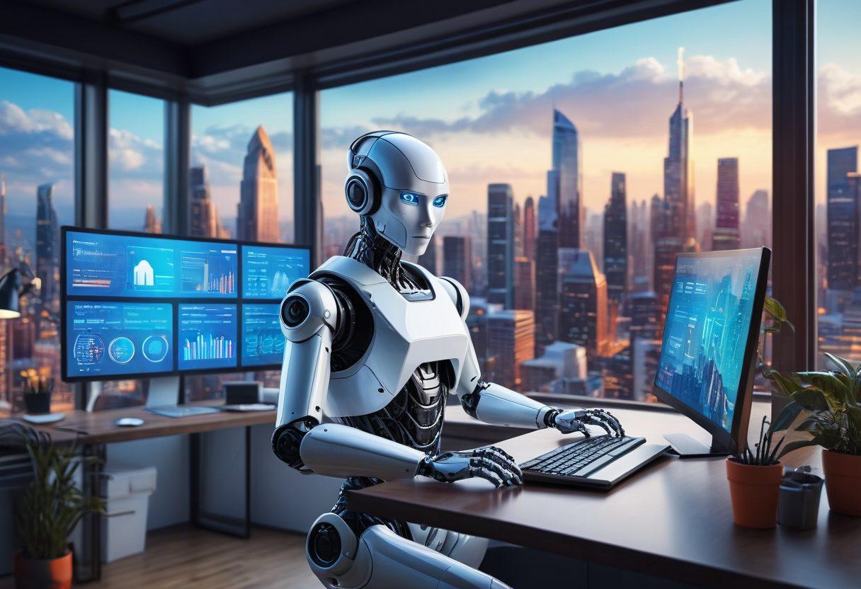 A sleek, modern workspace with a high-tech computer displaying a beautifully organized ecommerce dashboard, with tools and icons representing website maintenance tasks. The scene should include a friendly robot assistant and a professional, engaged web developer collaborating. High-tech cityscape visible through the window. super-realistic. vibrant colors.