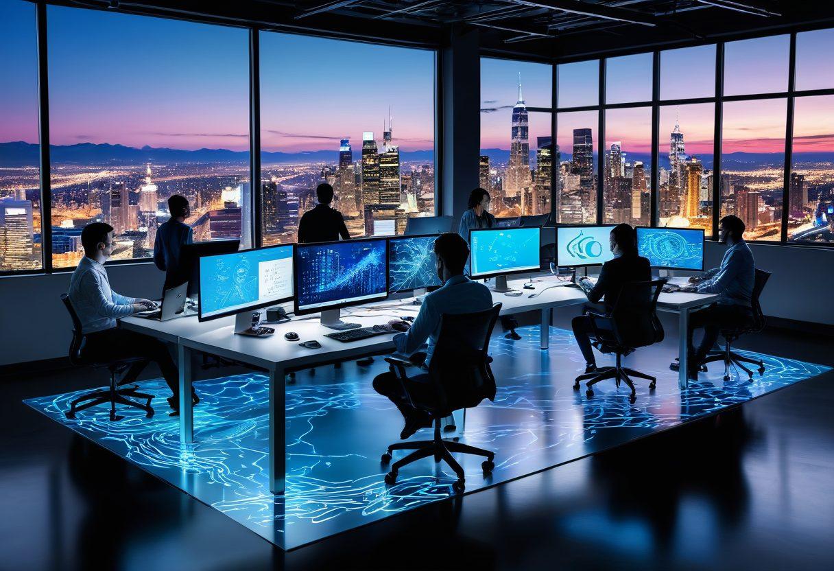 A dynamic scene showing a diverse team of designers and developers collaboratively working on cutting-edge desktops, surrounded by floating holographic elements like wireframes, coding symbols, and creative designs. Background showcases an urban office space with large windows revealing a scenic cityscape. The scene brims with energy and innovation. super-realistic. vibrant colors. tech-modern style.